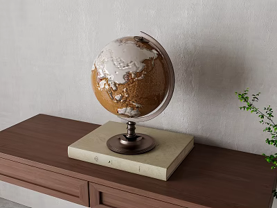 Decorative Globe on Wooden Tabletop With Beige Base and Small Green Plant 3d model