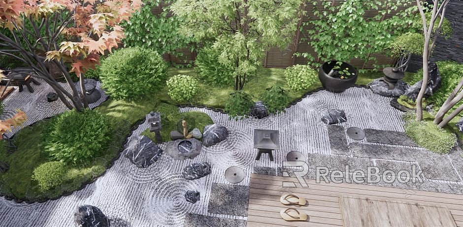 Japanese-style courtyard courtyard garden withered landscape gardening landscape tree plant landscape shrub green plant landscape light tea table and chair tea table water bowl stone landscape stone model