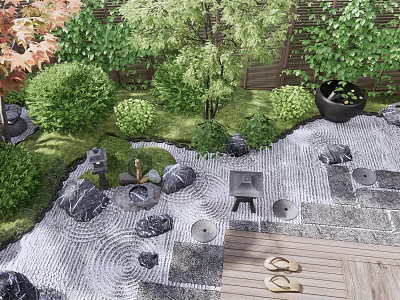 Karesansui Zen Garden Design With Raked Sand Stones Moss Green Shrubs And Wooden Deck 3d model