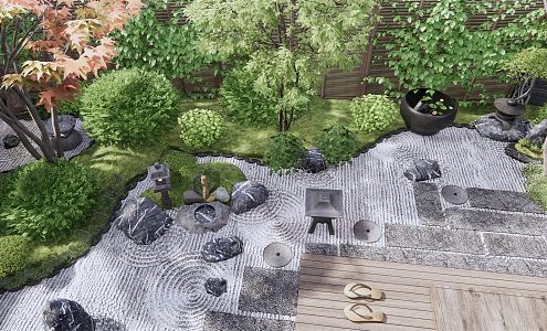 Japanese-style courtyard garden withered landscape gardening landscape tree plant landscape shrub green plant landscape light tea table and chair tea table water bowl stone landscape stone 3d model