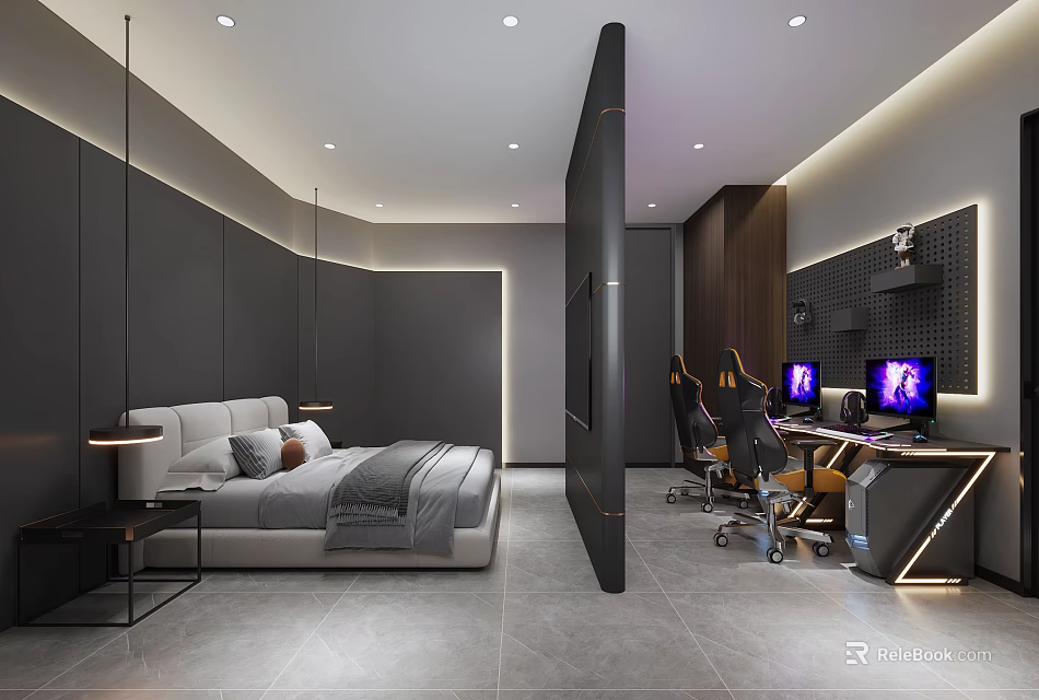 Modern Hotel Guest Room With Bedroom Area Workspace Computers Gray Tones And Lighting 3d model 