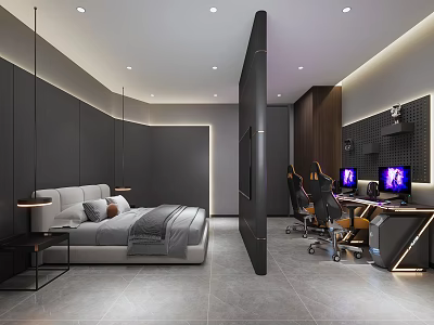 Modern Hotel Guest Room With Bedroom Area Workspace Computers Gray Tones And Lighting 3d model