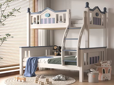 Kids Castle Themed Wooden Bunk Bed White Blue Frame With Mattress And Toys 3d model