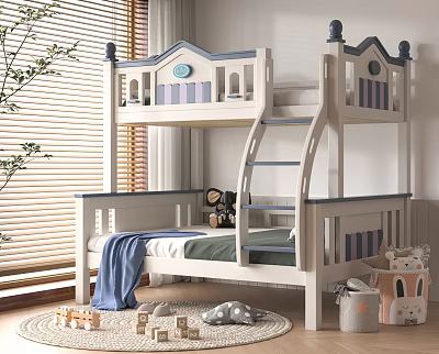 Kids Castle Themed Wooden Bunk Bed White Blue Frame With Mattress And Toys 3d model