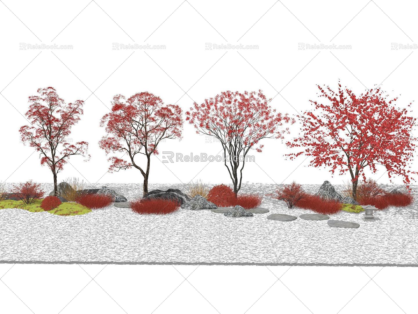 Landscape Plant Modeling Red Maple Modeling Plant Pentagram Acer truncatum Trees Shrub Landscape Grass Landscape Tree Fake Mountain Stone model