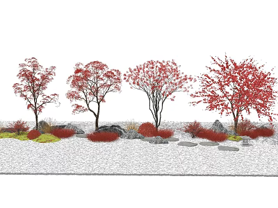 Ornamental Red Leaf Deciduous Trees With Red Shrubs Stones And Gravel Ground 3d model