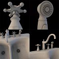 Double Bowl White Sink with Gold Faucet and Black Countertop
