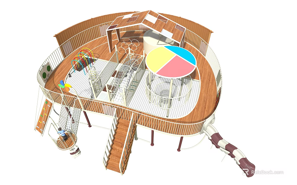 Kindergarten Playground With Wooden Structure Stairs Slide Swings And Colorful Circular Activity Area 3d model 