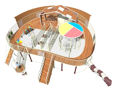 Kindergarten Playground With Wooden Structure Stairs Slide Swings And Colorful Circular Activity Area 3d model