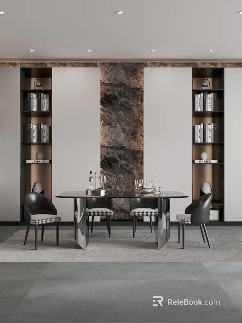 Elegant Modern Dining Table Set With Black Table Top Upholstered Chairs And Built In Bookshelves 3d model 