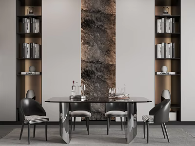 Elegant Modern Dining Table Set With Black Table Top Upholstered Chairs And Built In Bookshelves 3d model