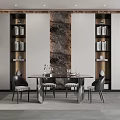 Elegant Modern Dining Table Set With Black Table Top Upholstered Chairs And Built In Bookshelves