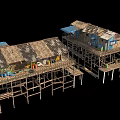 Rustic Stilt Houses With Worn Out Wooden Roofs Blue Awnings And Colorful Elements