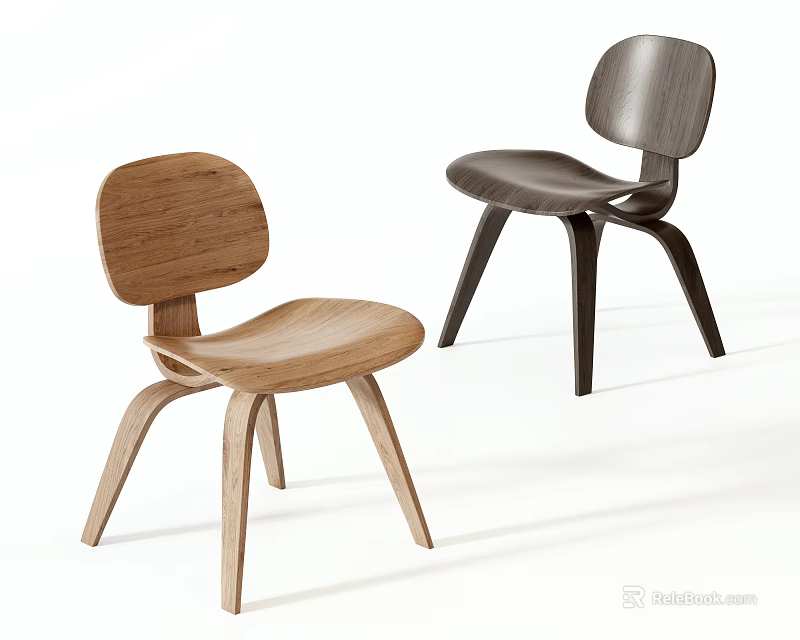 Modern Light And Dark Wood Dining Chairs With Curved Backrest And Three Legged Structure 3d model 