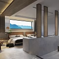 Minimalist Hotel Guest Room Interior With King Bed Sofa Chair And Mountain View Window