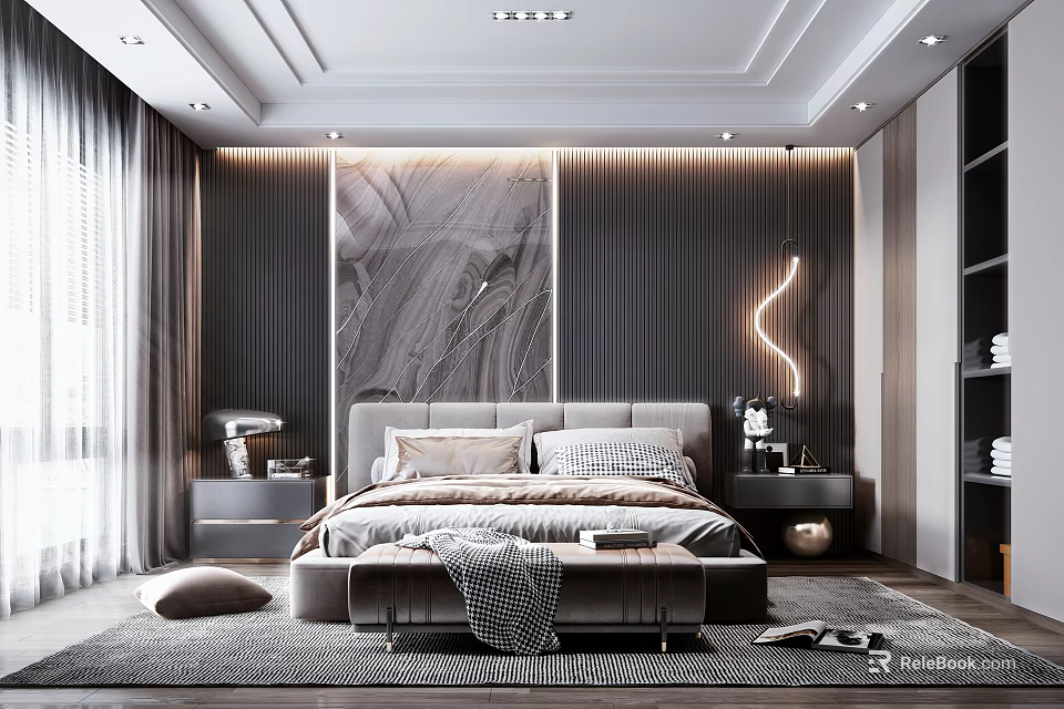 Modern Bedroom Interior Design With King Size Bed Nightstands Area Rug And Curved Floor Lamp 3d model 