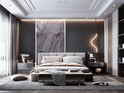 Modern Bedroom Interior Design With King Size Bed Nightstands Area Rug And Curved Floor Lamp 3d model