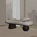 Modern Upholstered Bed Bench With Round Pillow And Black Legs By Window With Blinds