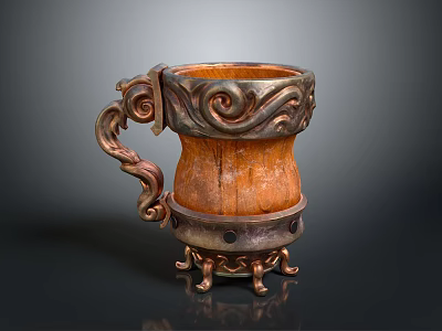 Decorative Wooden Mug with Intricate Metal Carvings Curved Handle and Ornate Base 3d model