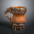 Decorative Wooden Mug with Intricate Metal Carvings Curved Handle and Ornate Base
