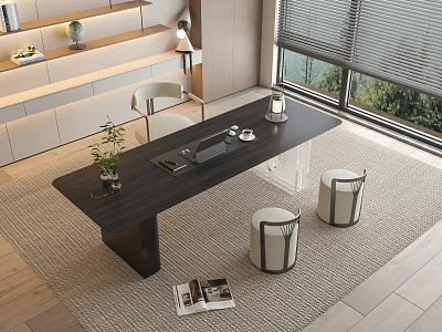Elegant Wooden Desk With White Stools Plant Candle And Magazine Near Window With Green View 3d model