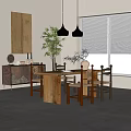 Wooden Dining Table Set With Mixed Design Chairs Potted Plant And Hanging Lamps Near Window