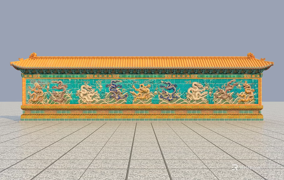 Classical Garden Landscape With Orange Roof Green Wall And Dragon Carvings 3d model 