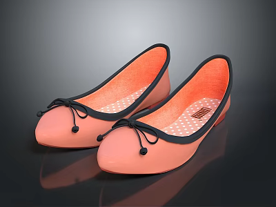 Coral Peach Flat Shoes With Round Toe Black Bow Orange Lining White Polka Dot Insole 3d model