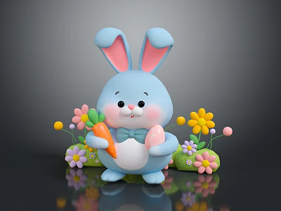 Blue Rabbit with Pink Ears holding Carrot and Egg surrounded by Colorful Flowers 3d model