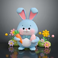 Blue Rabbit with Pink Ears holding Carrot and Egg surrounded by Colorful Flowers