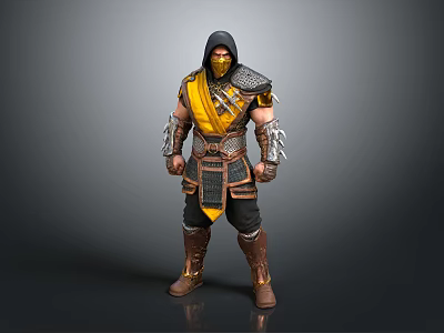 A Man In Warrior Outfit With Yellow Scarf Spiked Gauntlets And Leather Boots 3d model