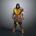 A Man In Warrior Outfit With Yellow Scarf Spiked Gauntlets And Leather Boots