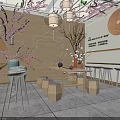 Traditional Asian Restaurant Interior With Cherry Blossom Decor Lantern Pendant Lights And Wooden Tables
