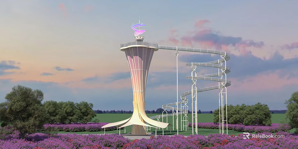 Scenic Modern Public Facility Tower With Observation Deck And Spiral Walkway In Purple Flower Field 3d model 