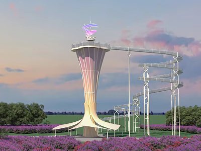 Scenic Modern Public Facility Tower With Observation Deck And Spiral Walkway In Purple Flower Field 3d model