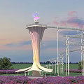 Scenic Modern Public Facility Tower With Observation Deck And Spiral Walkway In Purple Flower Field