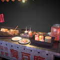 Traditional Mobile Street Food Cart With Green Awning Selling Stinky Tofu And Chinese Signage