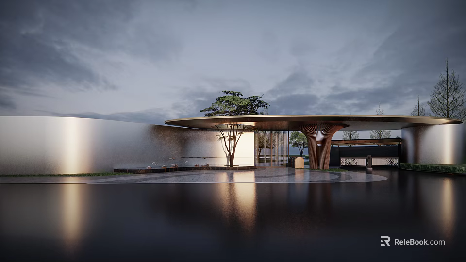 Modern Entrance Gate With Reflective Pool Tree And Evening Sky Metal Wall Design 3d model 
