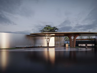 Modern Entrance Gate With Reflective Pool Tree And Evening Sky Metal Wall Design 3d model