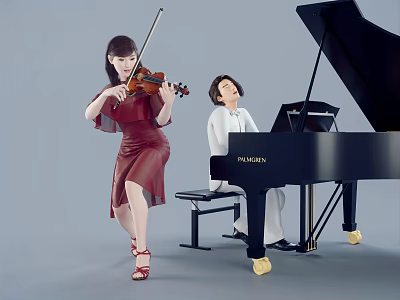 Two Performers Playing Violin And Piano Together 3d model