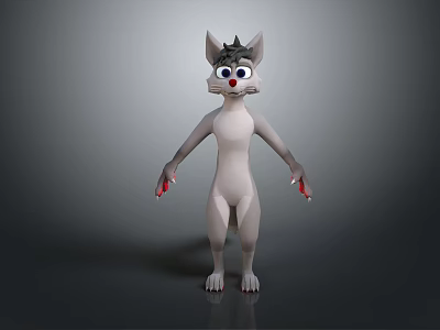 Cartoon Character 3D Model With Grey Ears White Body Red Paws Blue Eyes Standing Pose 3d model