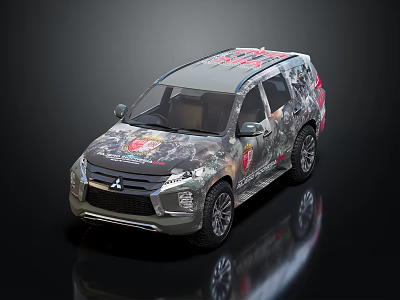 Mitsubishi SUV With Camouflage Exterior And Decorative Stickers On Dark Background 3d model