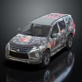 Mitsubishi SUV With Camouflage Exterior And Decorative Stickers On Dark Background