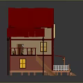 Traditional Chinese Style Two Story Building With Red Roof Wooden Balcony And Staircase