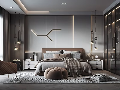 Modern Bedroom Interior With Geometric Wall Decor Hanging Lamps Nightstands Ottoman And Area Rug 3d model