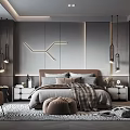 Modern Bedroom Interior With Geometric Wall Decor Hanging Lamps Nightstands Ottoman And Area Rug