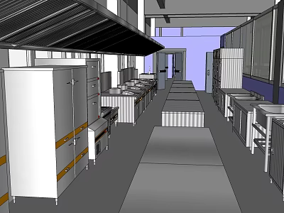 Commercial Kitchen With Stainless Steel Equipment Worktables And Long Aisle Layout 3d model