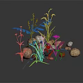 Wood Stone Materials with Green Plants Small Yellow Flowers White Daisies and Dark Background Reflections