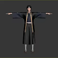 Man In Traditional Black And Blue Robe With Arms Outstretched Against Neutral Gray Background