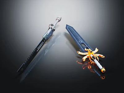 Two Decorative Swords Black And Blue With Silver Yellow Accents On Dark Background 3d model